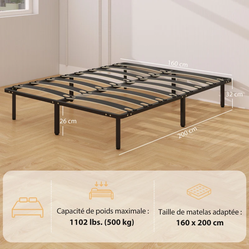 HOMCOM Cadre de lit 160 x 200 cm, lit 2 personnes avec sommier à lattes en bois massif et pied, avec rangement au-dessous, noir