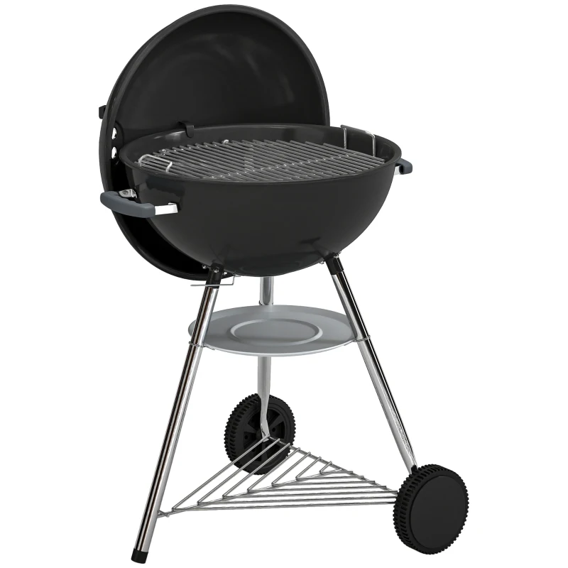 Outsunny barbecue portable au charbon, grille extérieure ronde avec couvercle, thermomètre, roues, noir.