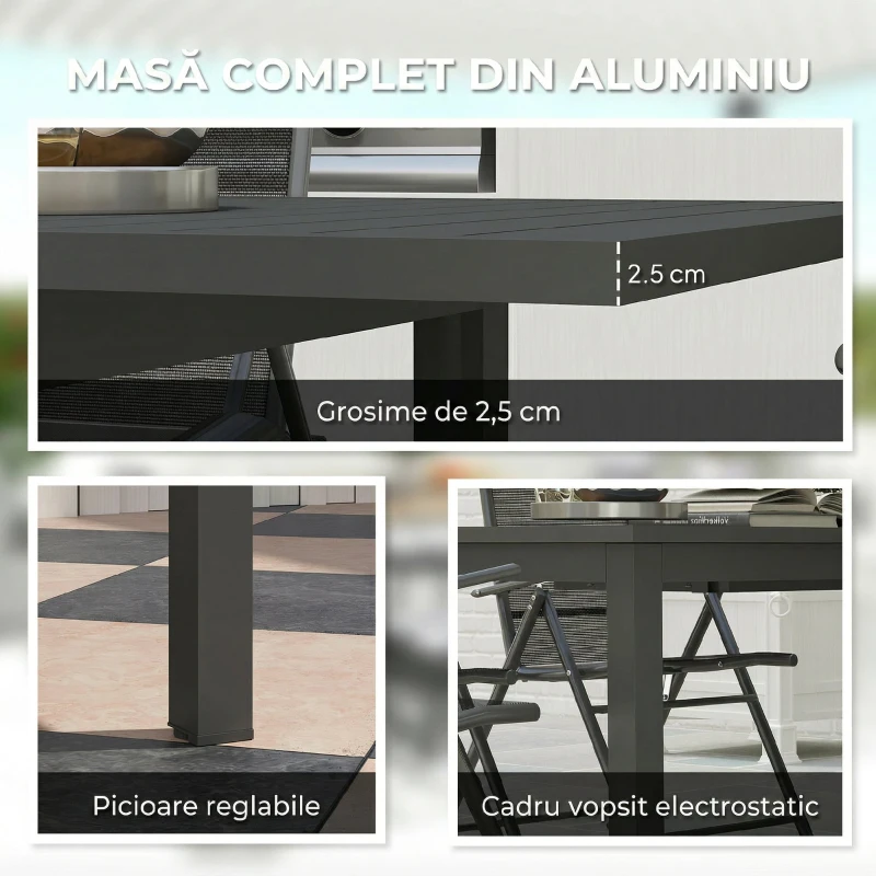 Outsunny Masă extensibilă de grădină 160-220 cm pentru 6-8 persoane, dreptunghiulară, din aluminiu, gri