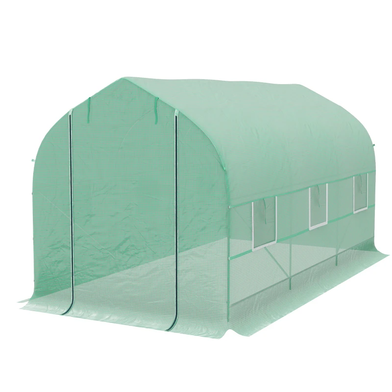 Outsunny Serre tunnel de jardin 8m², serre de jardin tunnel avec 1 porte et 6 fenêtres, bâche PE 140g/m² 400x200x200cm vert
