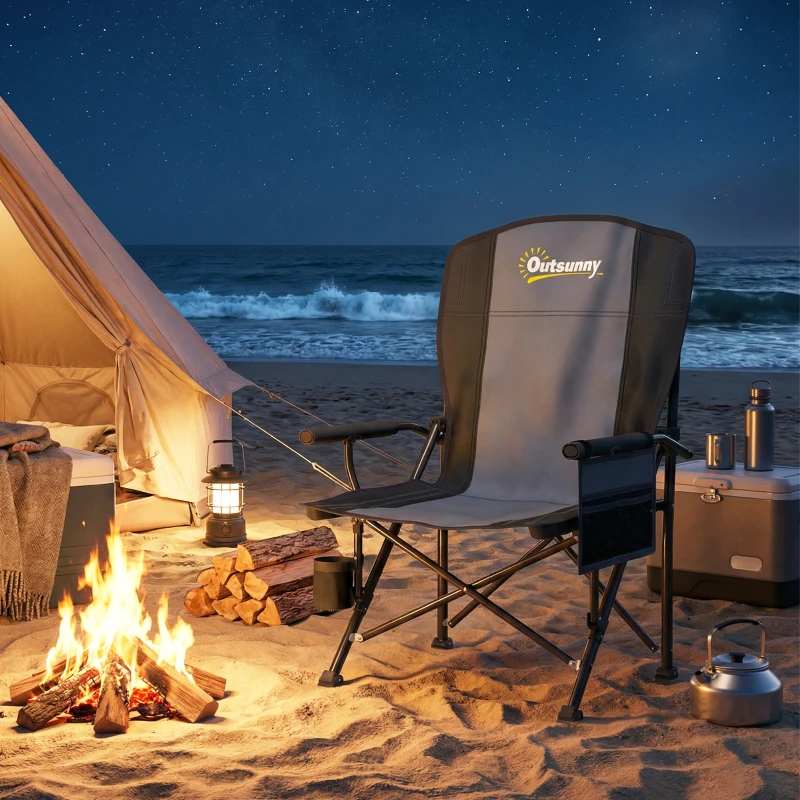 Outsunny Padded Camping Chair Adults Heavy Duty Folding Chair Side Pocket Cup Holder Carry Bag Outdoor Black