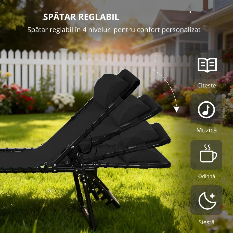 Outsunny Sezlong Portabil din Otel si Tesatura tip Plasa Respirabila cu Spatar Rabatabil in 4 Pozitii, 189x58x30 cm, Negru