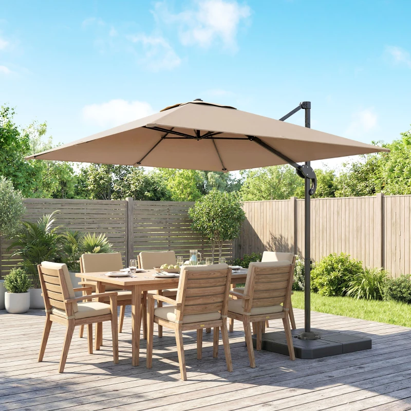 Outsunny 2.4 x 2.4 m Cantilever Parasol with Umbrella Weights, UPF50+ Offset Outdoor Umbrella w/ Easy Tilt Adjustment, Khaki