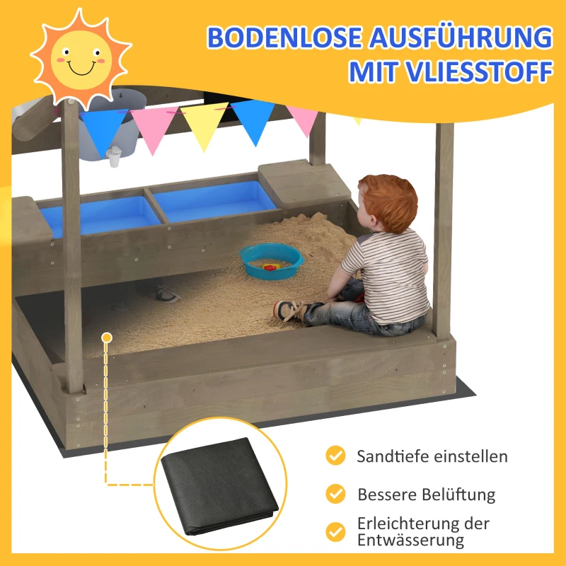 Outsunny Sandkasten mit Sonnenschutz, Spielhaus-Design, mit Spielzeug-Set, behandeltes Massivholz, 124 x 116 x 146 cm, Grau