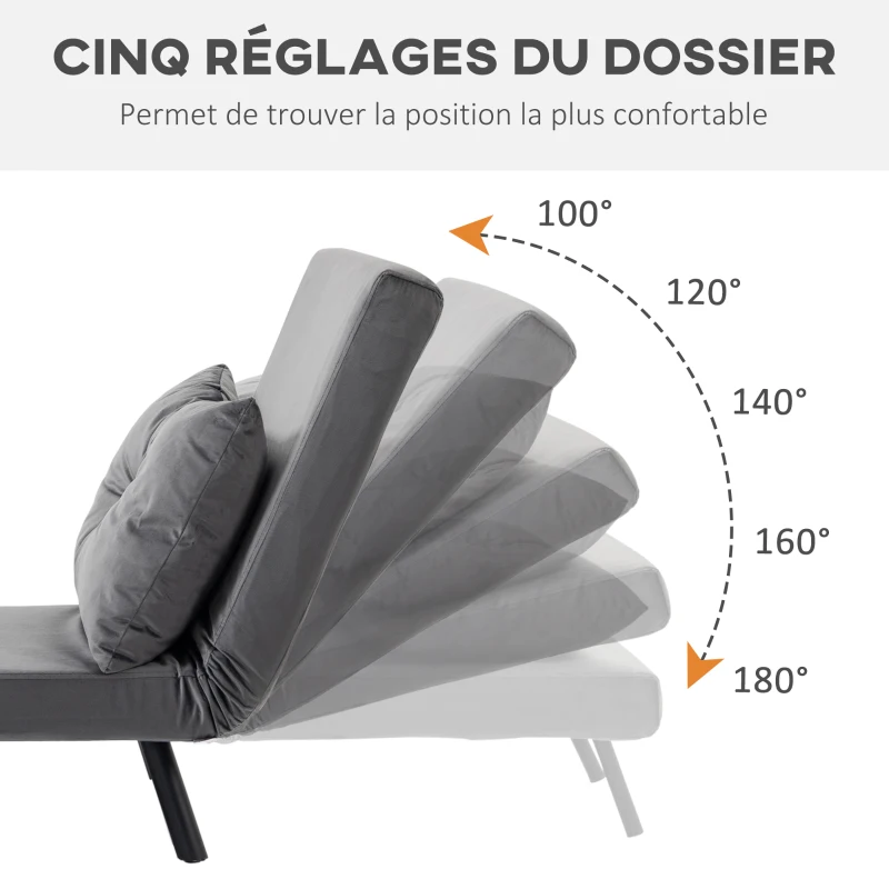 HOMCOM Fauteuil convertible 1 place fauteuil-lit chauffeuse 3 en 1 dossier réglable oreiller tissu velours 63x73x81cm gris