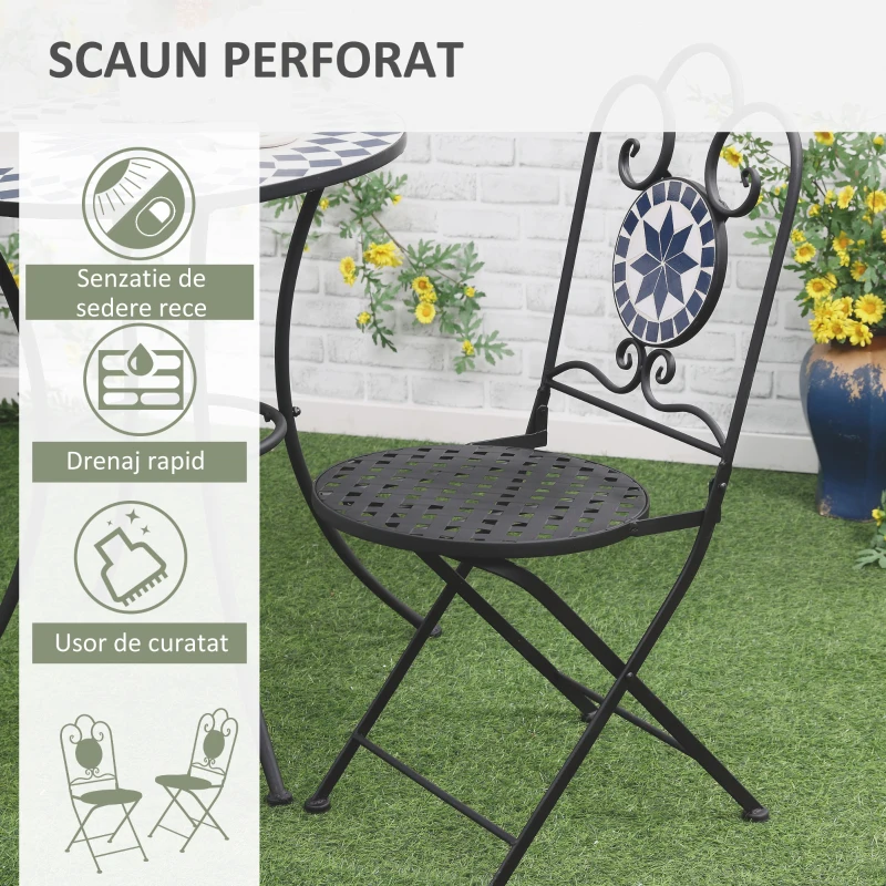 Outsunny Set de Gradina 3 Piese cu 2 Scaune Pliante si 1 Masuta de Gradina, din Metal si Piatra