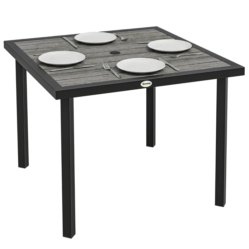 Outsunny Square Garden Dining Table with Parasol Hole, Slatted Top, Metal Frame, 86 x 86 x 71 cm, Light Grey