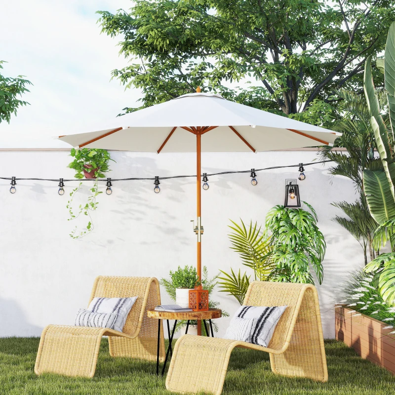 Outsunny Parasol de jardin extérieur rond Ø 2,7 x 2,5 m avec ouverture fermeture manivelle, mât en bois, toile 180 g/m², beige