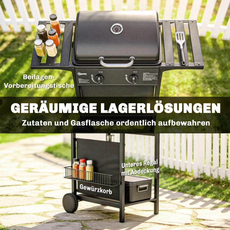 Outsunny Gasgrill 5 KW 2 Brenner BBQ Grillwagen Edelstahl inkl Seitentisch Unterkorb Frontabdeckung Thermometer Emaille-Grillrost