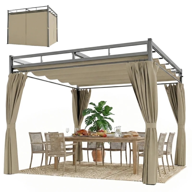 Outsunny 3 x 3 m Pergola with Retractable Roof Canopy and Curtains, UPF30+ Metal Frame Garden Pergola Gazebo Sun Shade, Khaki