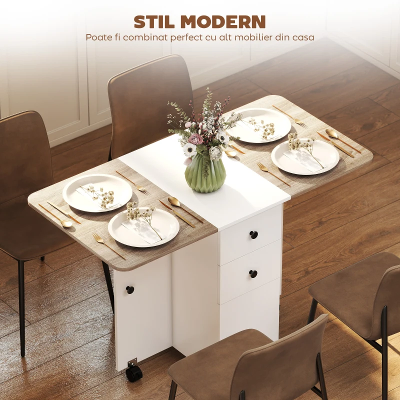 HOMCOM Masă pliabilă cu 2 sertare și dulap, 6 roți și frâne, 120x60x76.5 cm, alb și stejar