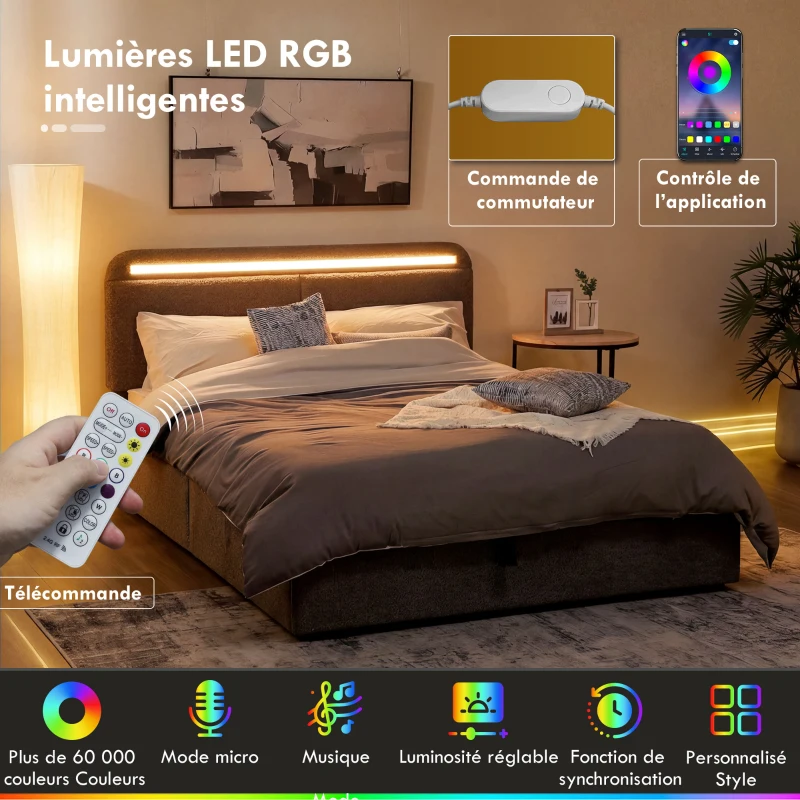 HOMCOM Lit coffre 140 x 190 cm avec éclairage LED, tête de lit réglable, cadre de lit double, sommier à lattes en bois, gris