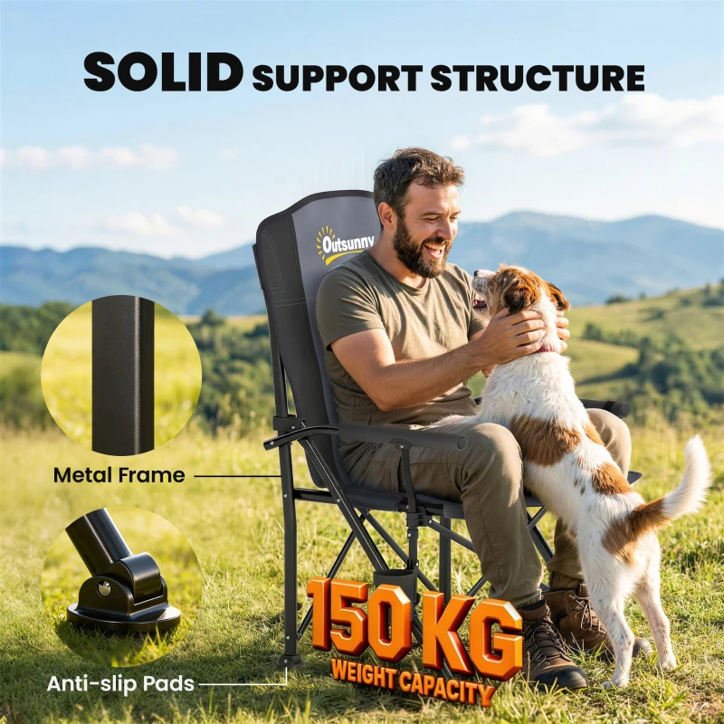 Outsunny Padded Camping Chair Adults Heavy Duty Folding Chair Side Pocket Cup Holder Carry Bag Outdoor Black