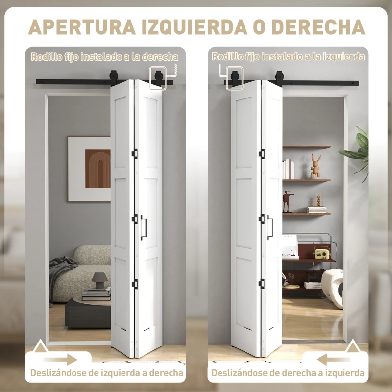 HOMCOM Puerta Corredera Plegable con Herrajes 91,4x213,4 cm con Rodillo Riel de Acero Guía de Suelo Manija Blanco