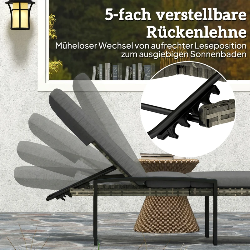 Outsunny 2er Set Sonnenliege Polyrattan Gartenliege mit 5-Fach verstellbar Rückenlehne Auflage bis 120kg Hellgrau