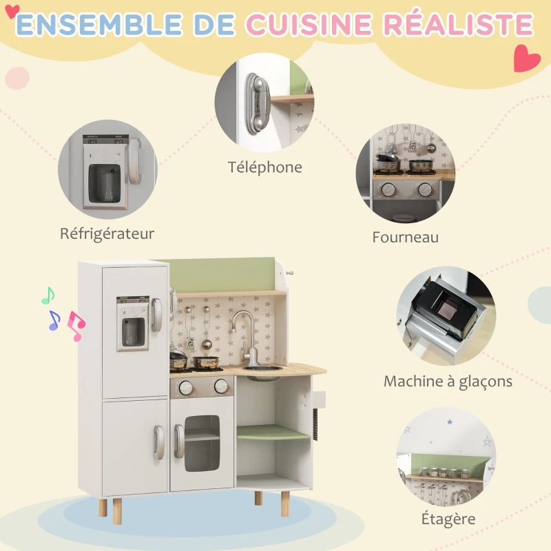 AIYAPLAY Cuisine enfant 3-8 ans jeu d'imitation avec machine à glaçons, évier mobile en acier inoxydable 84 x 34 x 89 cm blanc