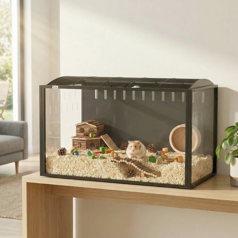 PawHut Gaiola Grande para Hamster 105x51x53 cm com Tampa Ventilada Rebatível Estrutura de Aço e Painéis Transparentes Preto