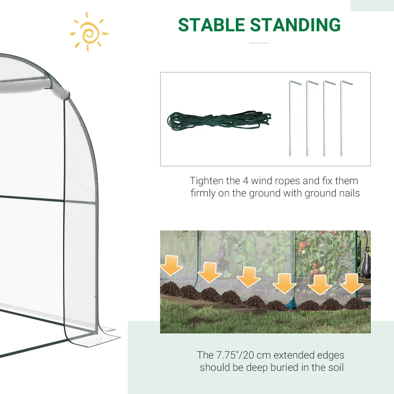 Outsunny Walk-in Tunnel Greenhouse with Roll-up Door, Transparent Polytunnel Greenhouse with Steel Frame and Plastic Cover, 2.5 x 2m