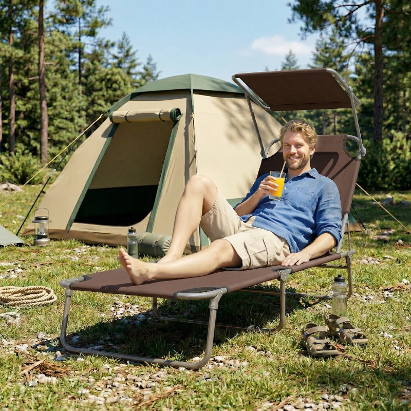 Outsunny Folding Sun Lounger with Canopy, Reclining Sunbed with 4-Position Adjustable Backrest, 600D Oxford Cloth, Portable Garden Lounger Recliner Chair for Beach, Camping, Patio, Brown