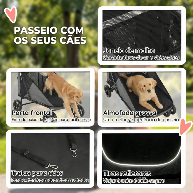 PawHut Carrinho para Cães Dobrável com um Botão até 30 kg com Suspensão em 4 Rodas Giratório e Travão de Pé Cinzento