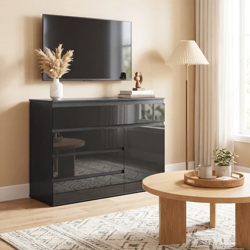 HOMCOM Nowoczesny Kredens, Szafka z 5 Szufladami, Regulowaną Półką, Drzwi Soft-Close, Czarny Wysoki Połysk