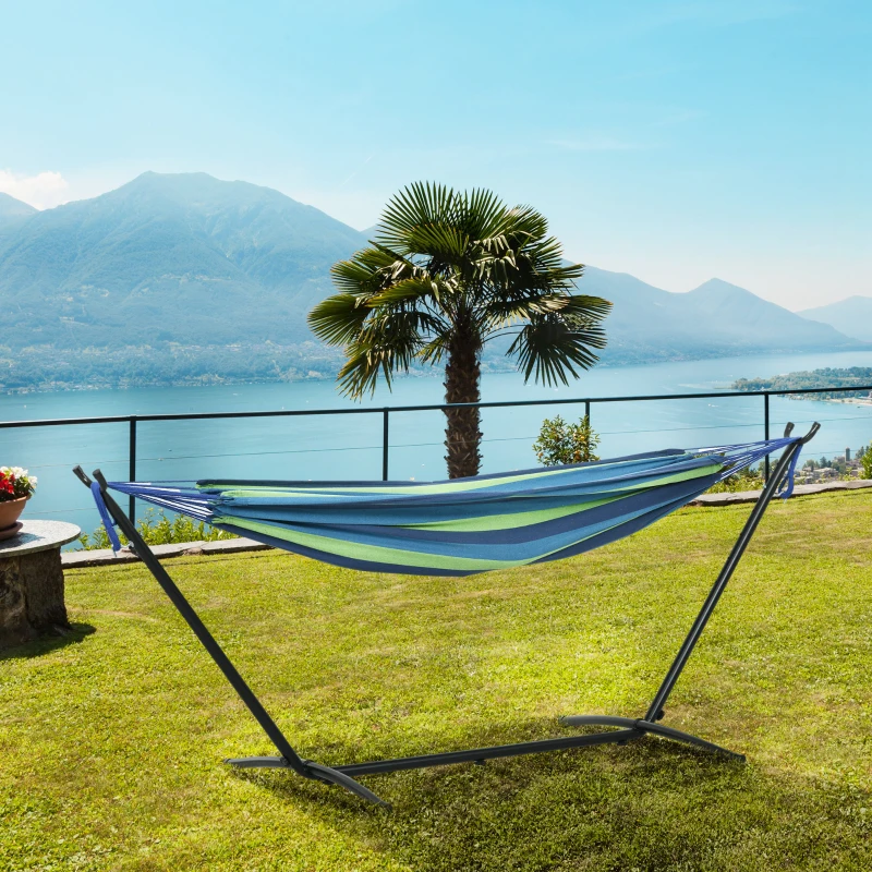 Outsunny Cama Rede com Suporte 310x117 cm com Bolsa de Transporte Altura Ajustável Capacidade 120 kg para Campismo Pátio Verde e Azul