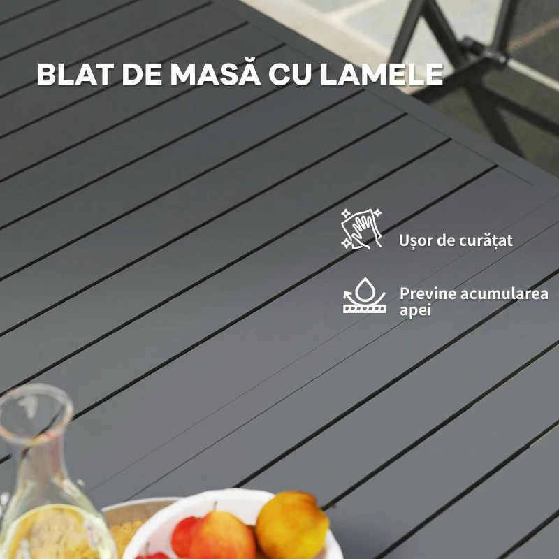 Outsunny Masă extensibilă de grădină 160-220 cm pentru 6-8 persoane, dreptunghiulară, din aluminiu, gri