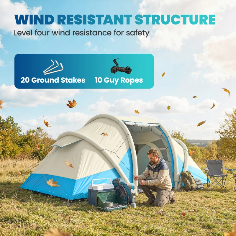 Outsunny Inflatable Tent 2 Bedroom 3000mm Waterproof Windproof Air Tent with Carry Bag for 4 Person