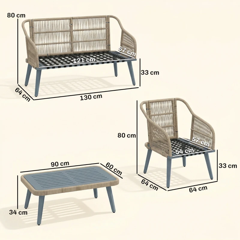 Outsunny 4 Piece Rattan Garden Furniture Set with Loveseat, Armchairs, Wood Table, Wicker Patio Conversation Set, Grey