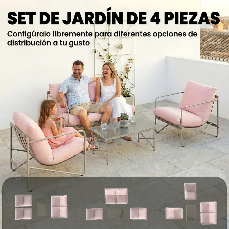 Outsunny Conjunto de Jardín Exterior de 4 Piezas con Sofá de 2 Plazas 2 Sillones Mesa de Vidrio Templado Cojines Gruesos Rosa
