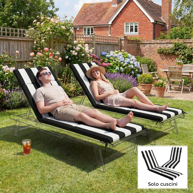 Outsunny Set 2 Cuscini per Sedie da Esterno con 6 Lacci di Fissaggio, in Cotone, 183x54x6.5 cm, Nero e Bianco