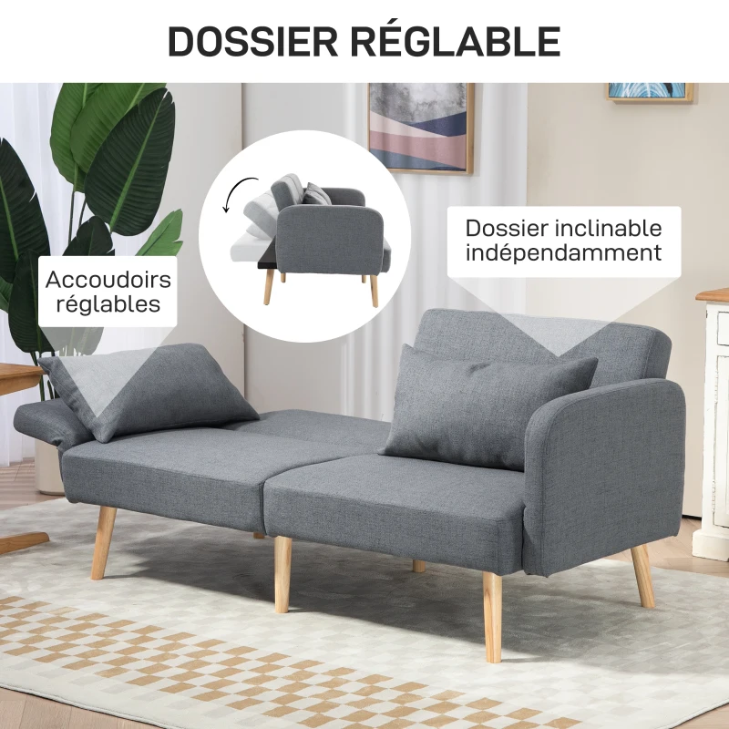 HOMCOM Canapé convertible 3 places design clic clac dossier inclinable et accoudoirs réglables tissu effet lin gris