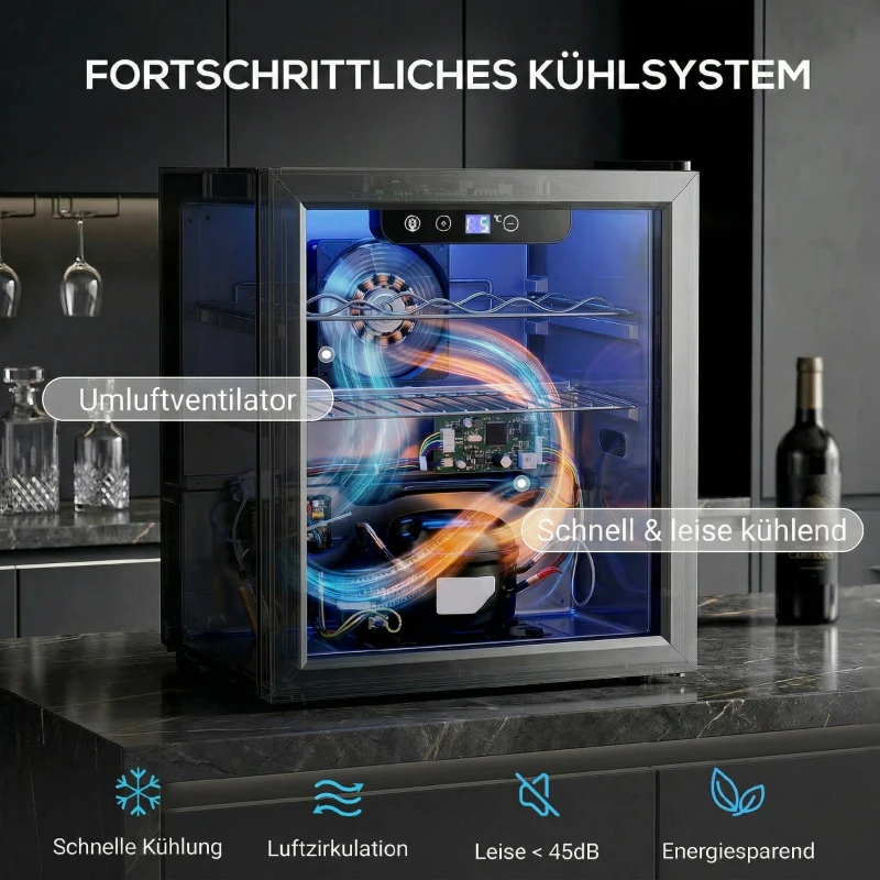 HOMCOM Weinkühler für 12 Flaschen, 36 L Kapazität, 4–16°C, Unterbau Kühlschrank für Getränke und Bier, mit Glastür, LED-Licht