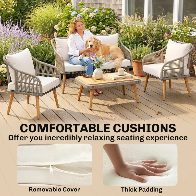 Outsunny 4 Piece Rattan Garden Furniture Set with Loveseat, Armchairs, Wood Table, Wicker Patio Conversation Set, Cream White