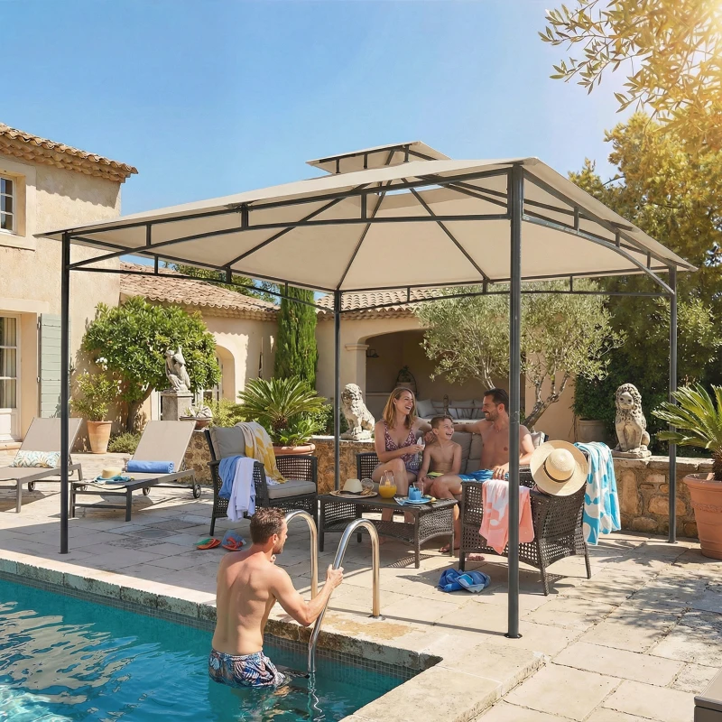 Outsunny 3 x 3 m Gazebo, Garden Gazebo with 2-Tier Roof, Metal Frame, Khaki