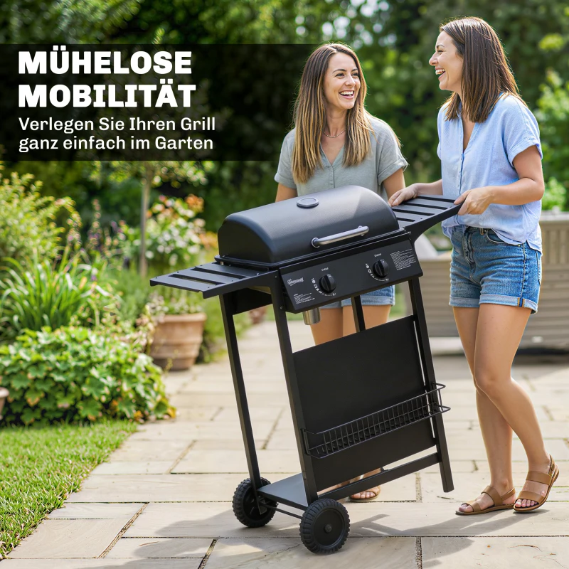 Outsunny Gasgrill 5 KW 2 Brenner BBQ Grillwagen Edelstahl inkl Seitentisch Unterkorb Frontabdeckung Thermometer Emaille-Grillrost