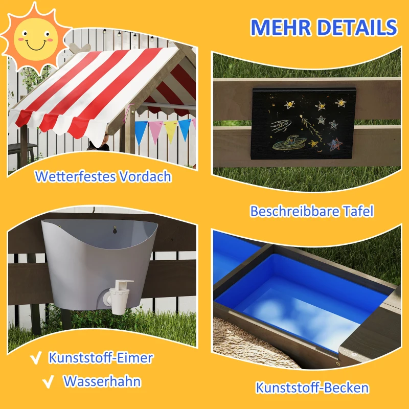 Outsunny Sandkasten mit Sonnenschutz, Spielhaus-Design, mit Spielzeug-Set, behandeltes Massivholz, 124 x 116 x 146 cm, Grau