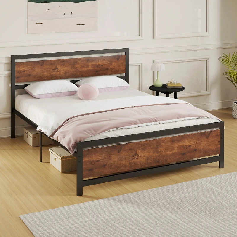 HOMCOM Cadre de lit double 200 x 160 cm en acier avec sommier et tête de lit compatible matelas aspect bois foncé