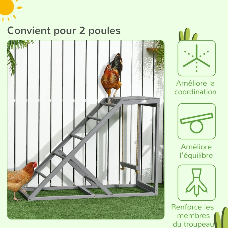 PawHut Perchoir en bois pour poule, aire de jeux en bois pour poules avec balançoire, échelle, plateforme, 96 x 40 x 71 cm, gris
