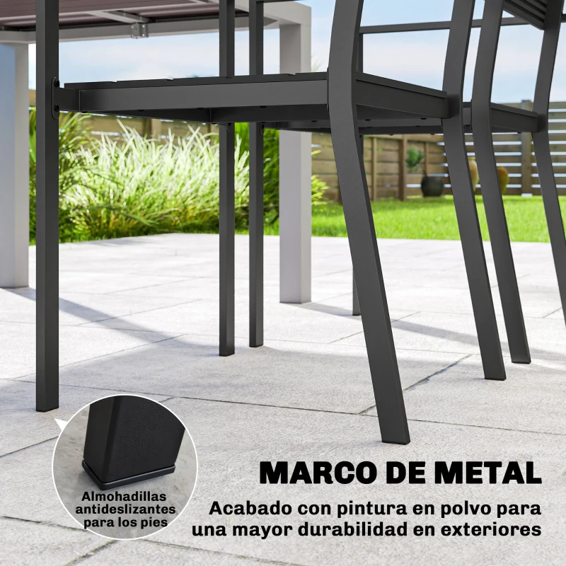 Outsunny Juego de 4 Sillas de Jardín Exterior Apilables con Reposabrazos Respaldo y Asiento Marco Metálico 52x51x90 cm Negro