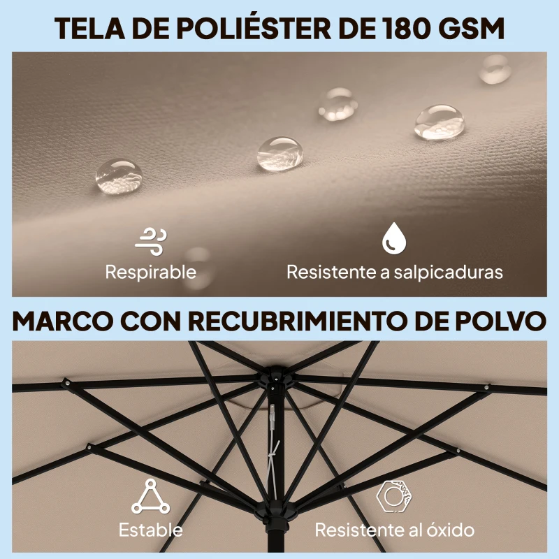 Outsunny Sombrilla Terraza Exterior Ø2,7 m Sombrilla con Inclinación Ajustable 3 Posiciones Manivela y Volante Caqui