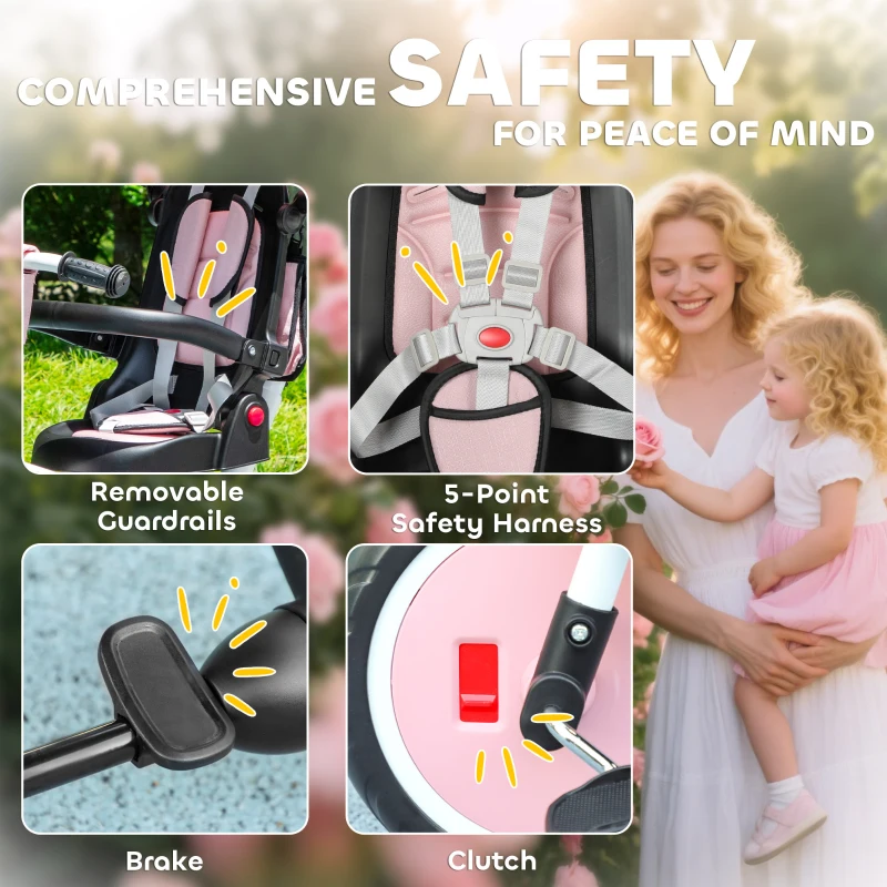 AIYAPLAY Dziecięcy trójkołowiec, 6-w-1 Buggy dla małych dzieci, z rączką, regulowanym siedziskiem, składanym projektem, siatką bezpieczeństwa