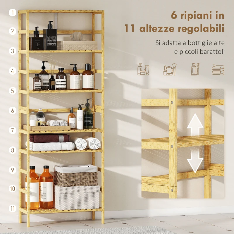 HOMCOM Scaffale in Legno di Bambù a 6 Livelli con Ripiani Regolabili, 60x26x161 cm, Legno Naturale