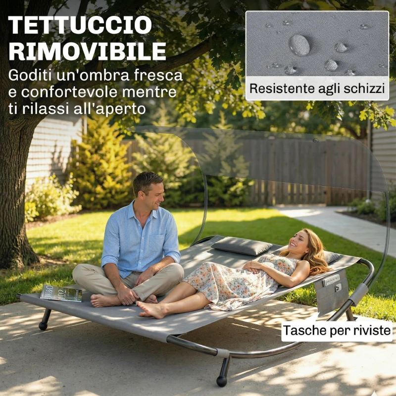 Outsunny Lettino Prendisole Doppio con Baldacchino Rimovibile, Ruote, Cuscini e Tasche, Grigio