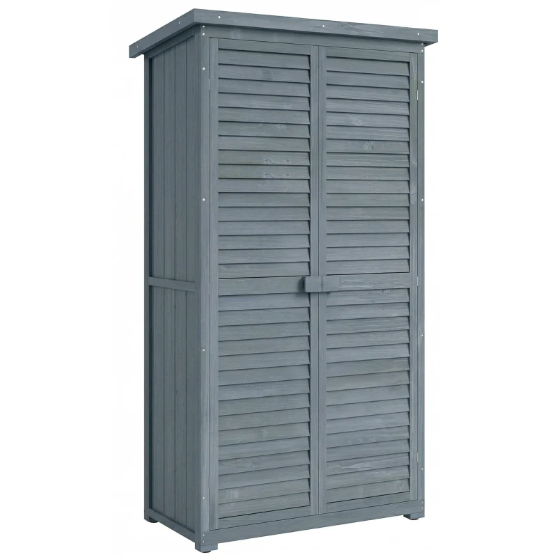 Outsunny Armoire de jardin remise pour outils en bois 2 étagères toit bitumé portes persiennes 87 x 47 x 160 gris