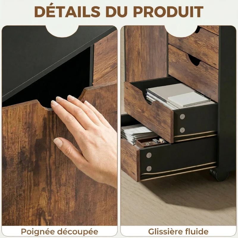 HOMCOM Meuble de rangement pour bureau 5 tiroirs 1 porte étagère réglable, support imprimante roulettes, 78x40x66,5 cm, marron