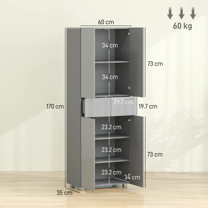 HOMCOM Storage Cabinet, Kitchen Cupboard with 3 Adjustable Shelves, 60L x 35W x 170H cm, High Gloss Grey