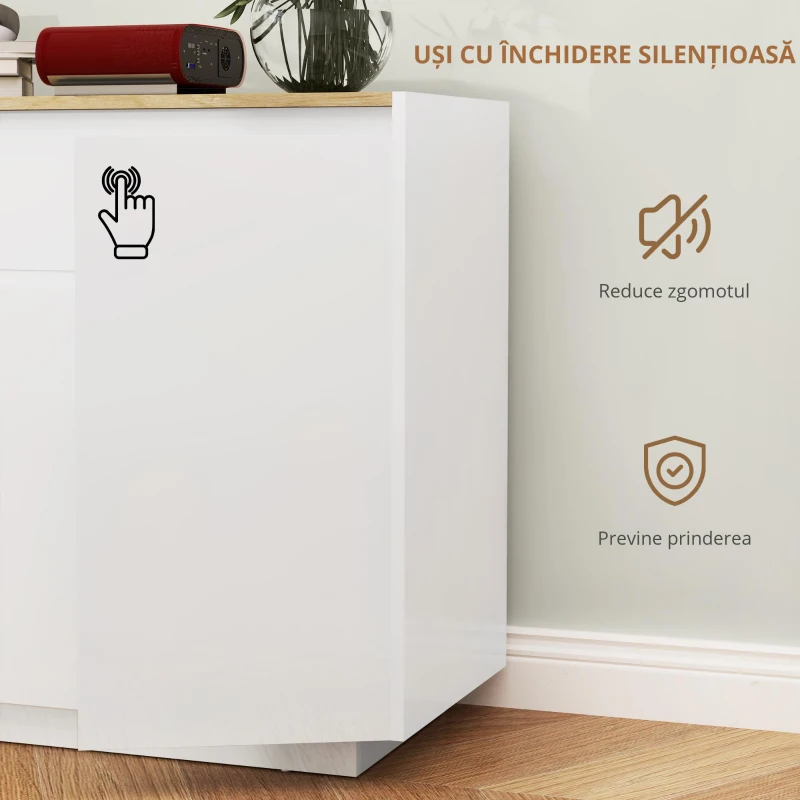 HOMCOM Bufet de Bucătărie cu 3 Dulapuri și 4 Uși cu Îchidere Lină, Mobilier Modern cu Sertar, 140x40x75 cm, Alb