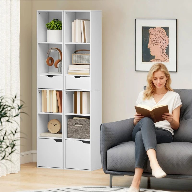 HOMCOM Bibliotecă înaltă cu 6 Nivele, Raft îngust cu Sertar și Ușă - Alb