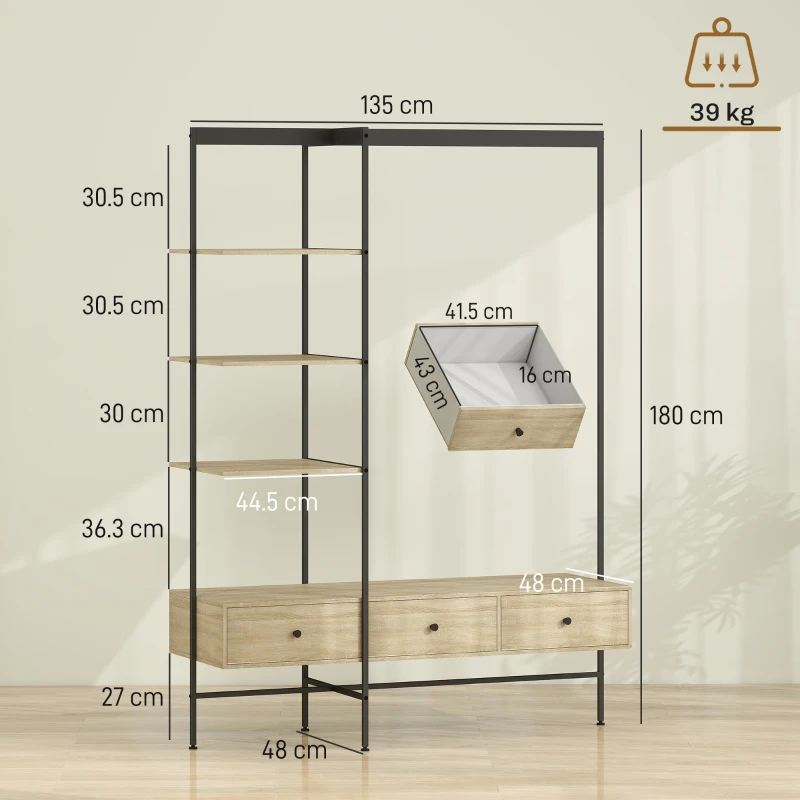 HOMCOM Attaccapanni Autoportante 180 cm con Ripiani, Cassetti e Barra Appendiabiti, in Stile Moderno, Struttura in Metallo, Rovere